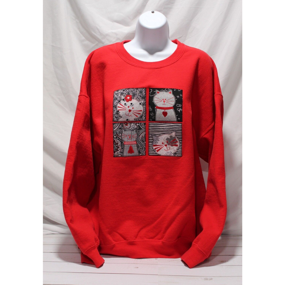 Cat Sweatshirt Women's XL Red LS Pop-over Crewneck Patchwork Crazy Cat Lady Cozy